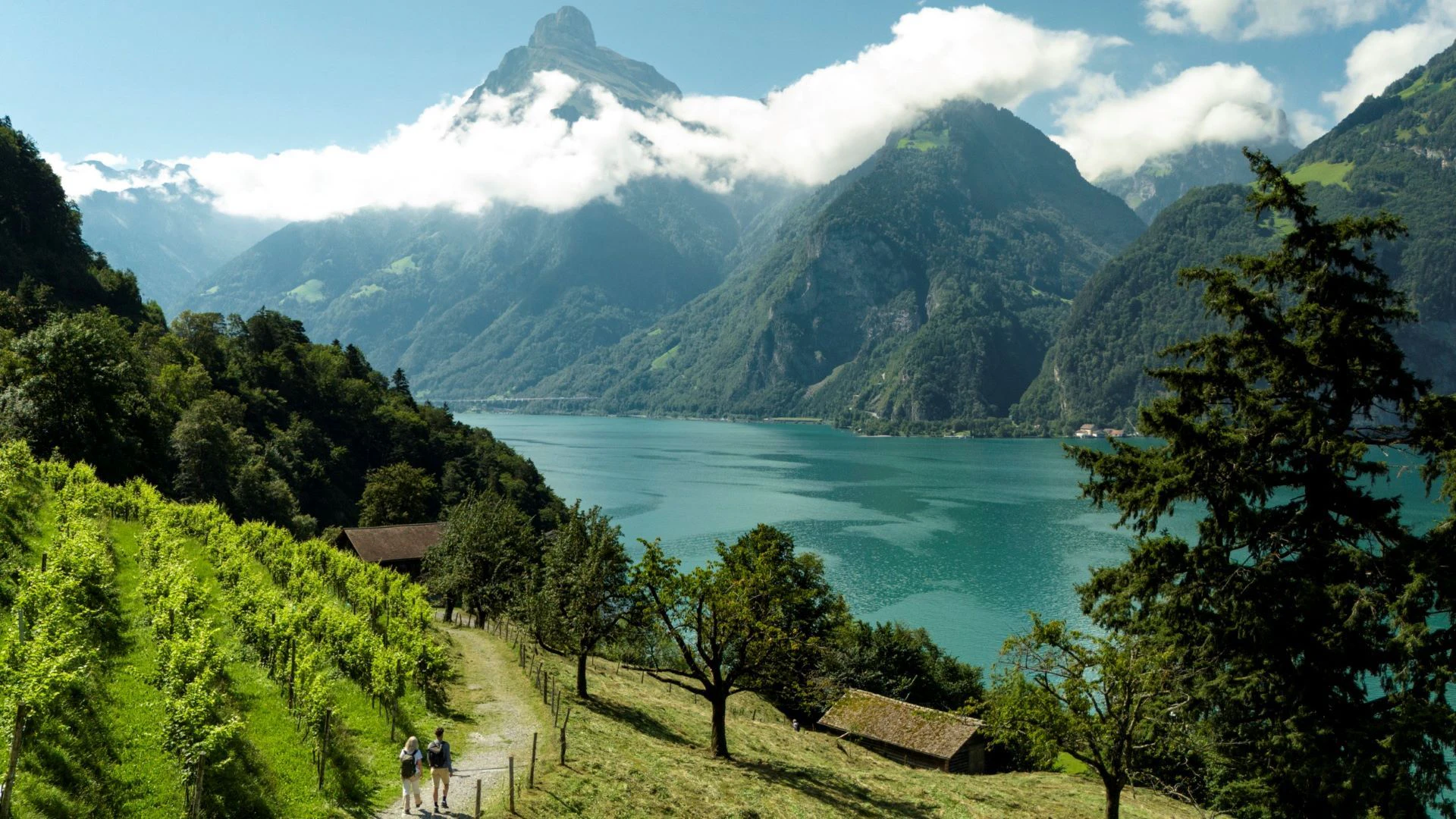 Couple on the short hiking trail to the Tellsplatte near Sisikon.